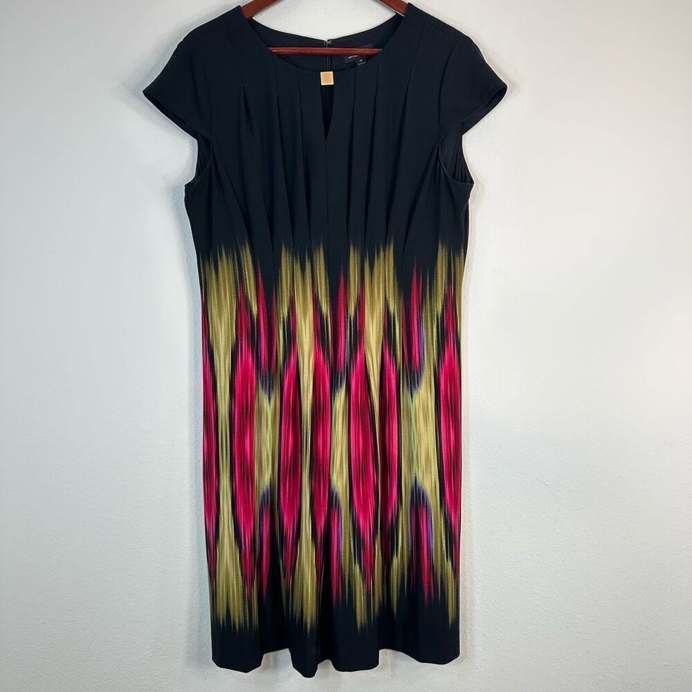 Tahari ASL Black Boho Artsy Sheath Dress Womens 14 Multicolored Career Chic